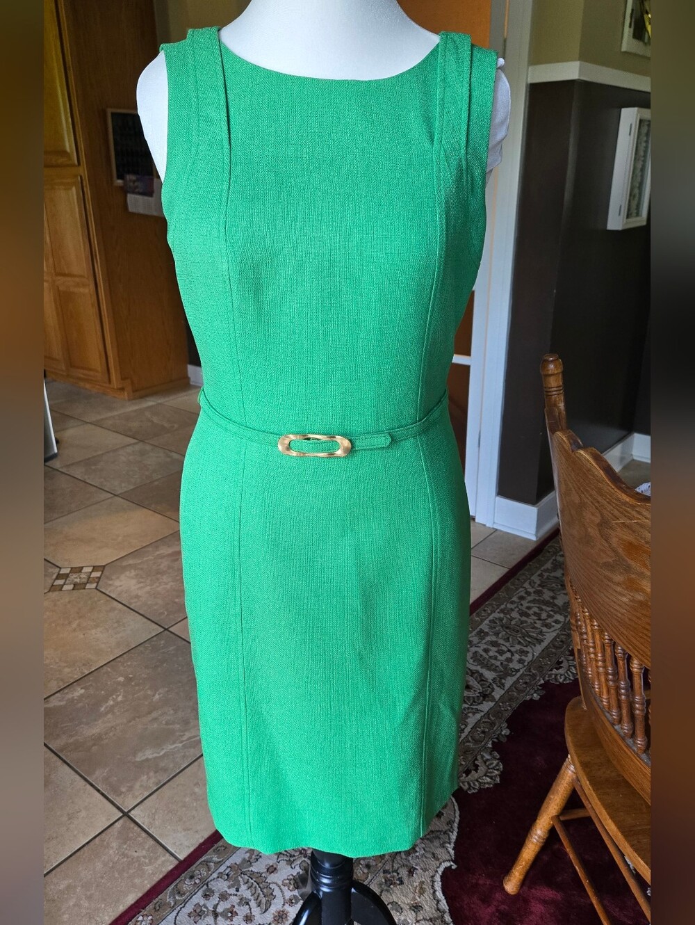 David Meister Bright Green Sleeveless Sheath Dress with Slim Belt